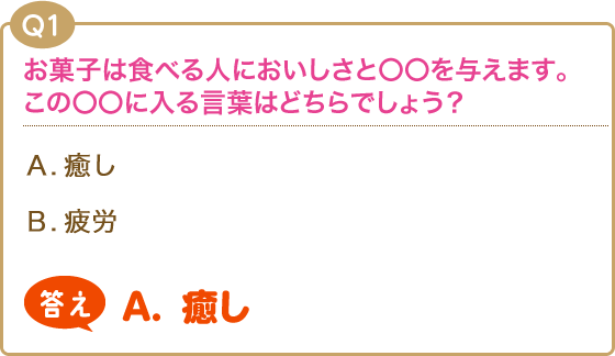 【Q1】お菓子は食べる人においしさと〇〇を与えます。この〇〇に入る言葉はどちらでしょう？(A).癒し(B).疲労【答え】(A).癒し
