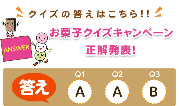 クイズの答えはこちら!!お菓子クイズキャンペーン正解発表！答え【Q1】A、【Q2】A、【Q3】A