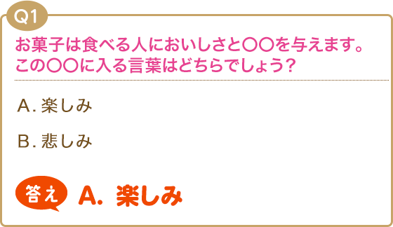 【Q1】お菓子は食べる人においしさと〇〇を与えます。この〇〇に入る言葉はどちらでしょう？(A).癒し(B).疲労【答え】(A).癒し