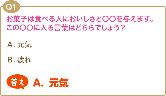 【Q1】お菓子は食べる人においしさと〇〇を与えます。この〇〇に入る言葉はどちらでしょう？(A).癒し(B).疲労【答え】(A).癒し