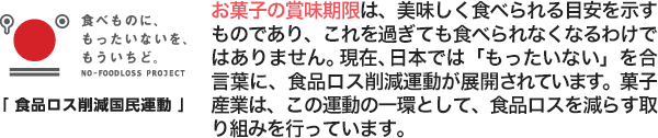 「食品ロス削減国民運動」お菓子の賞味期限は、美味しく食べられる目安を示すものであり、これを過ぎても食べられなくなるわけではありません。現在、日本では「もったいない」を合言葉に、食品ロス削減運動が展開されています。菓子産業は、この運動の一環として、食品ロスを減らす取り組みを行っています。